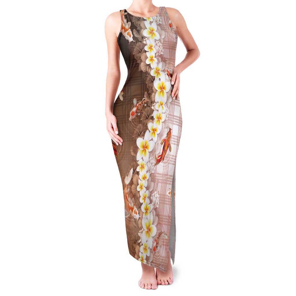 Hawaii And Japan Tank Maxi Dress Plumeria Lei With Koi Fish Beige - Polynesian Pride