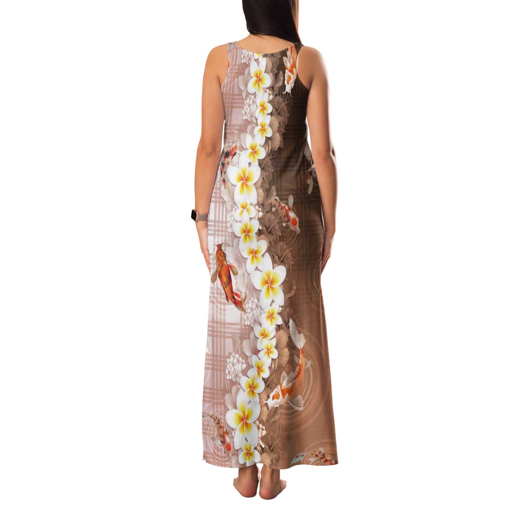 Hawaii And Japan Tank Maxi Dress Plumeria Lei With Koi Fish Beige - Polynesian Pride
