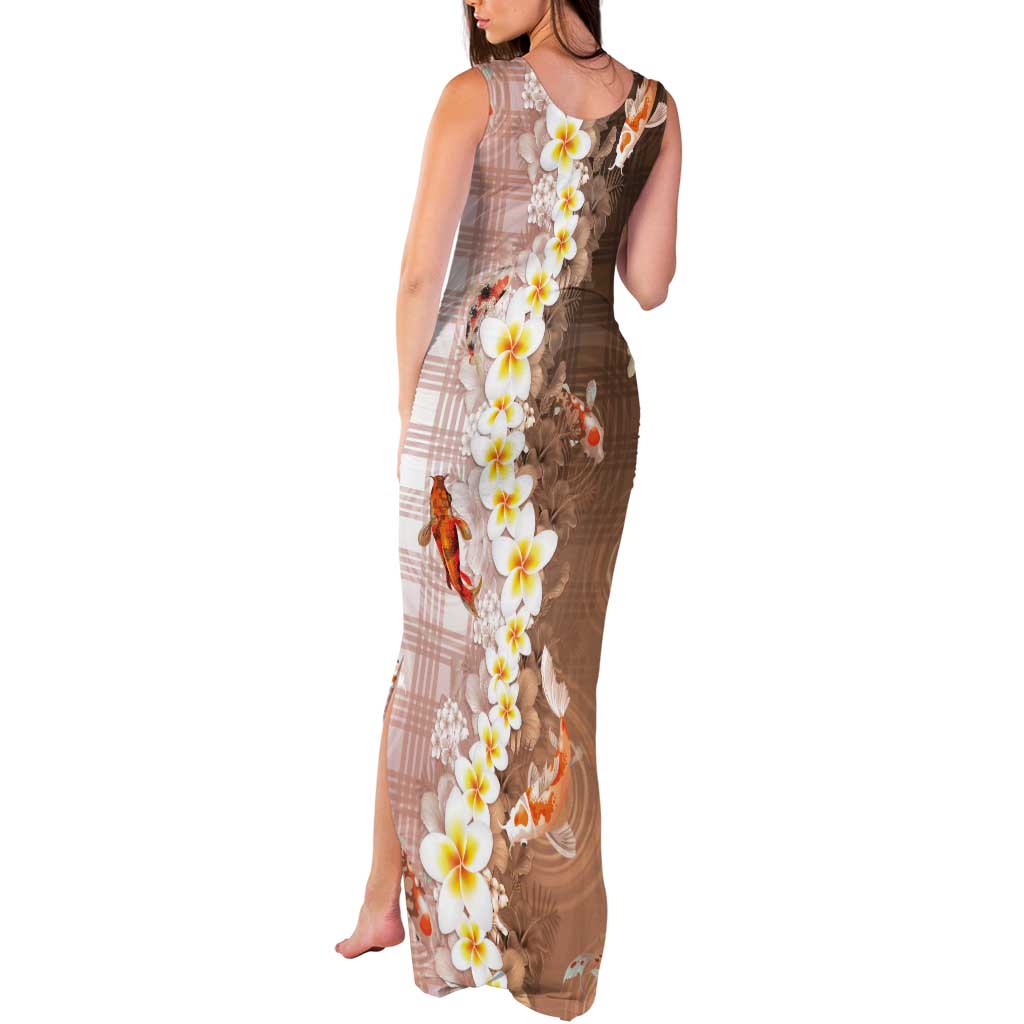 Hawaii And Japan Tank Maxi Dress Plumeria Lei With Koi Fish Beige - Polynesian Pride