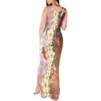 Hawaii And Japan Tank Maxi Dress Plumeria Lei With Koi Fish Beige - Polynesian Pride