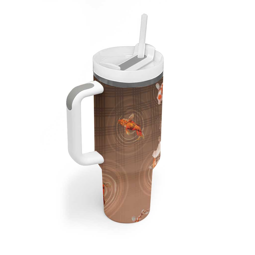 Hawaii And Japan Tumbler With Handle Plumeria Lei With Koi Fish Beige - Polynesian Pride
