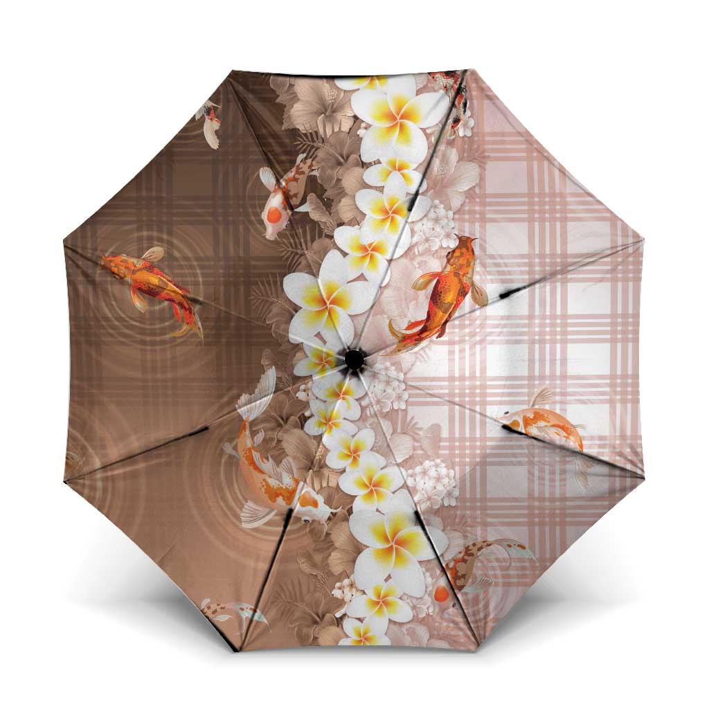 Hawaii And Japan Umbrella Plumeria Lei With Koi Fish Beige LT05 One Size Folded 11.42 inch Opened Diameter 37.4 inch Beige - Polynesian Pride