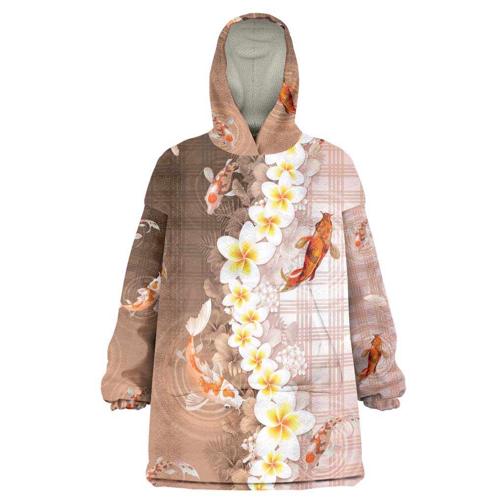 Hawaii And Japan Wearable Blanket Hoodie Plumeria Lei With Koi Fish Beige LT05 One Size Beige - Polynesian Pride