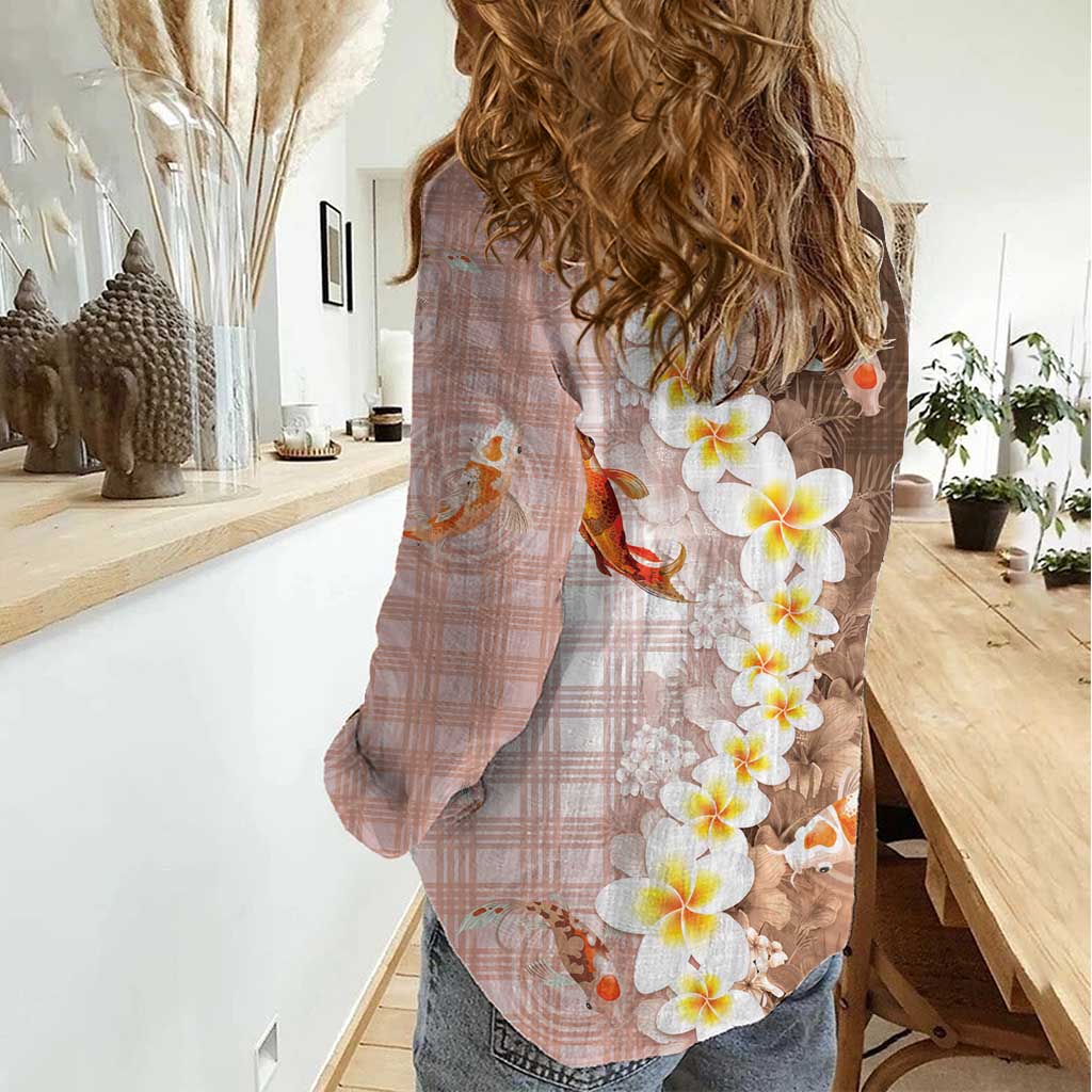 Hawaii And Japan Women Casual Shirt Plumeria Lei With Koi Fish Beige - Polynesian Pride