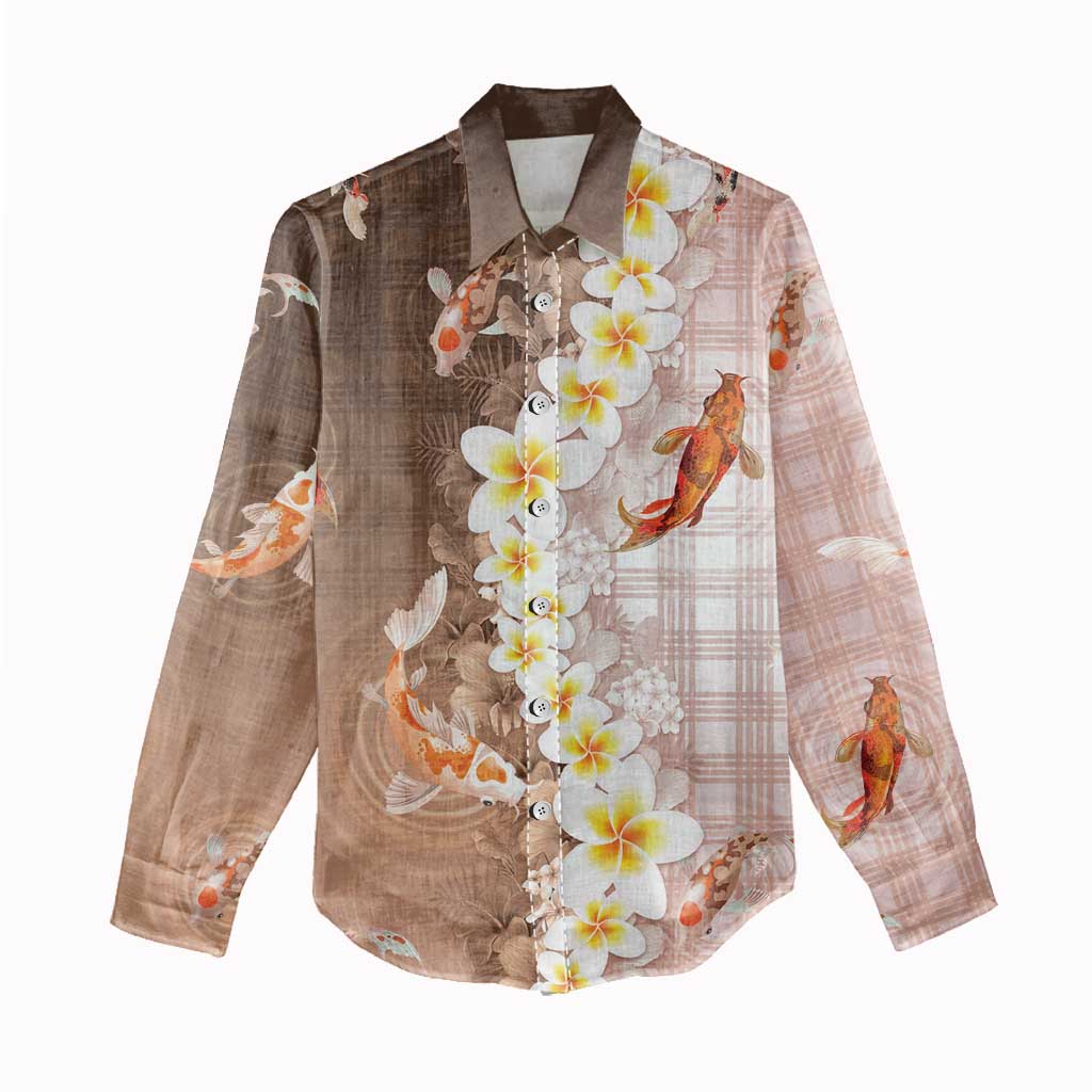 Hawaii And Japan Women Casual Shirt Plumeria Lei With Koi Fish Beige - Polynesian Pride
