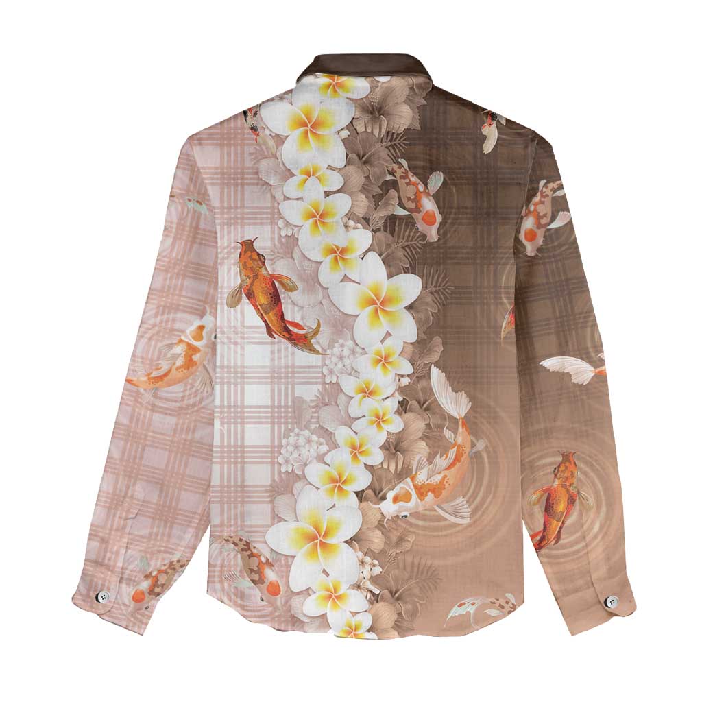 Hawaii And Japan Women Casual Shirt Plumeria Lei With Koi Fish Beige - Polynesian Pride