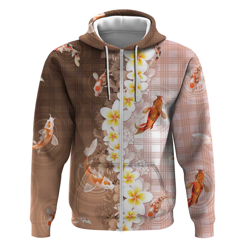 Hawaii And Japan Zip Hoodie Plumeria Lei With Koi Fish Beige LT05 Zip Hoodie Beige - Polynesian Pride