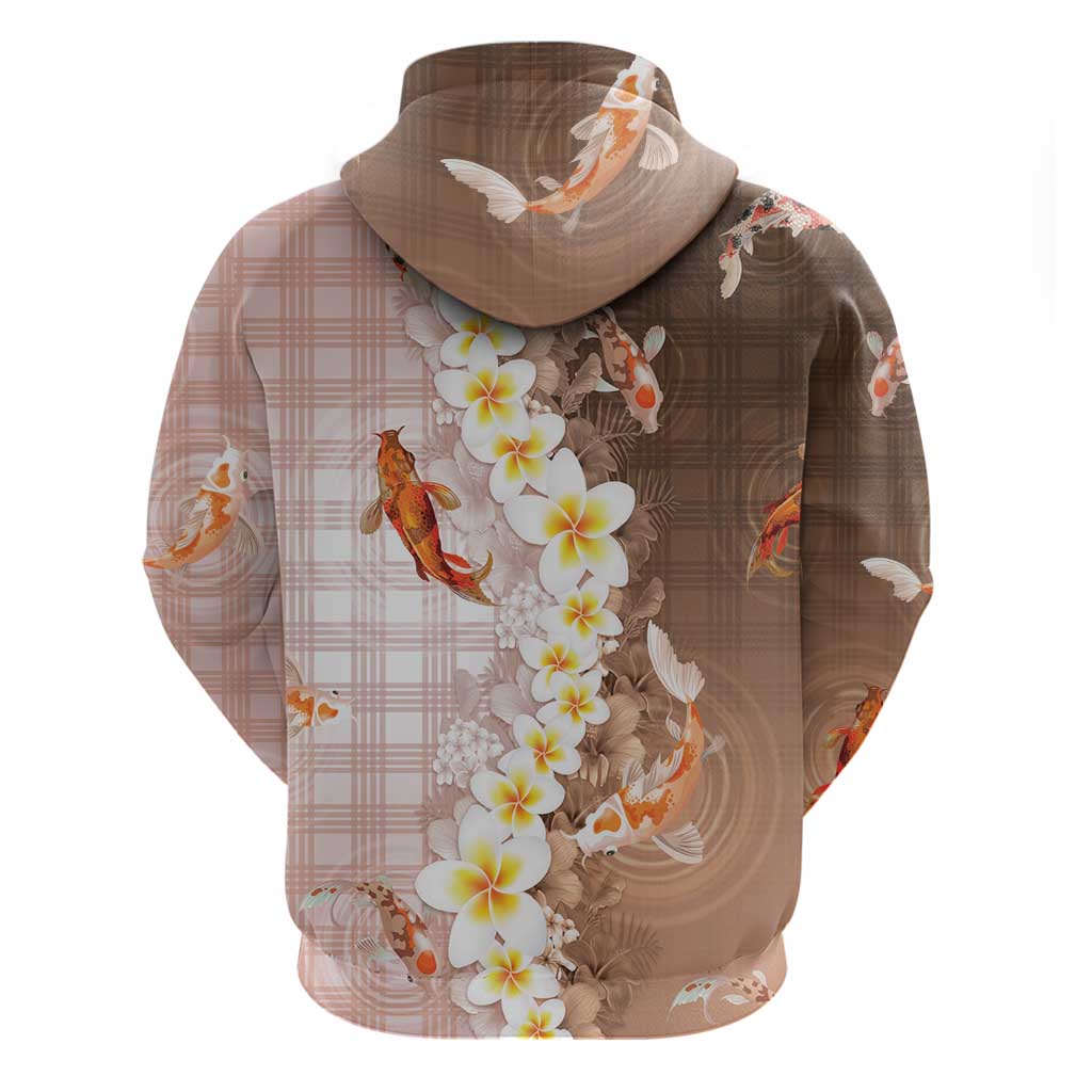 Hawaii And Japan Zip Hoodie Plumeria Lei With Koi Fish Beige LT05 - Polynesian Pride