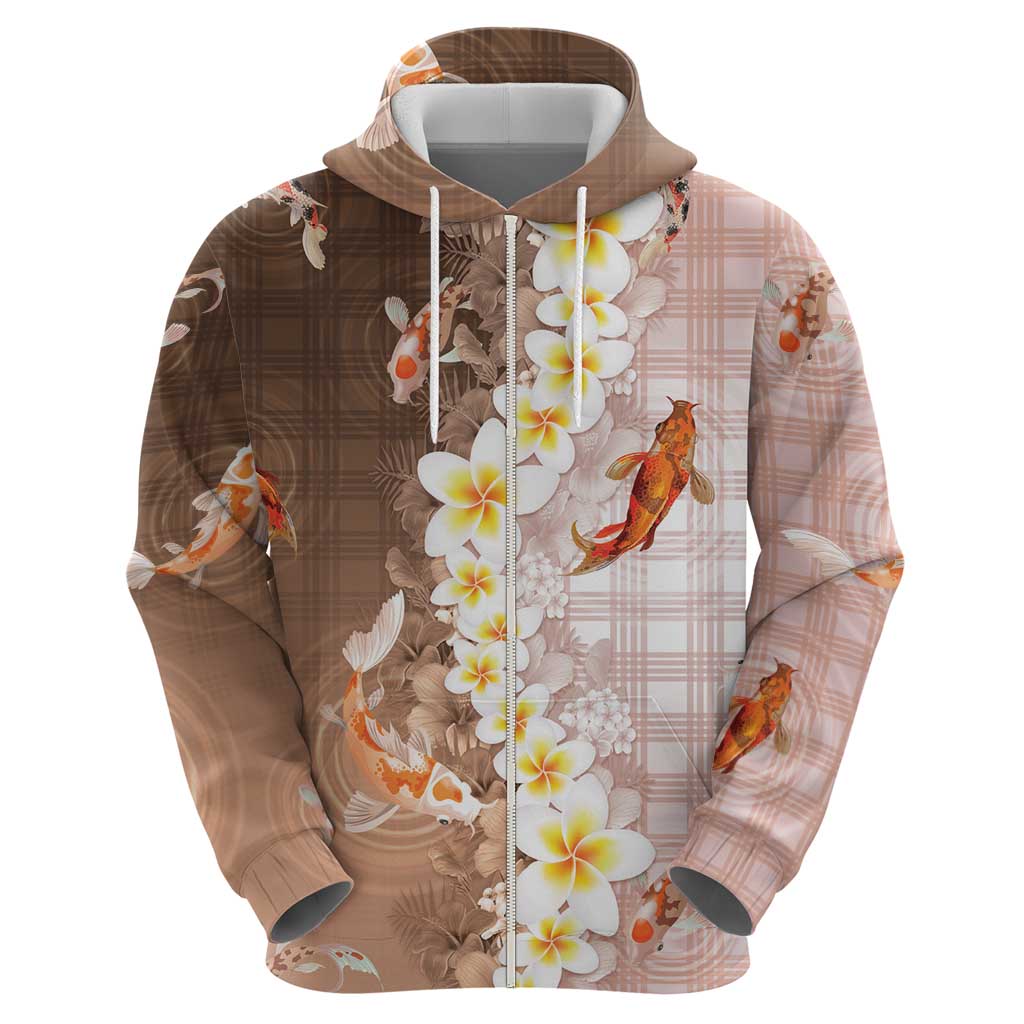 Hawaii And Japan Zip Hoodie Plumeria Lei With Koi Fish Beige LT05 - Polynesian Pride