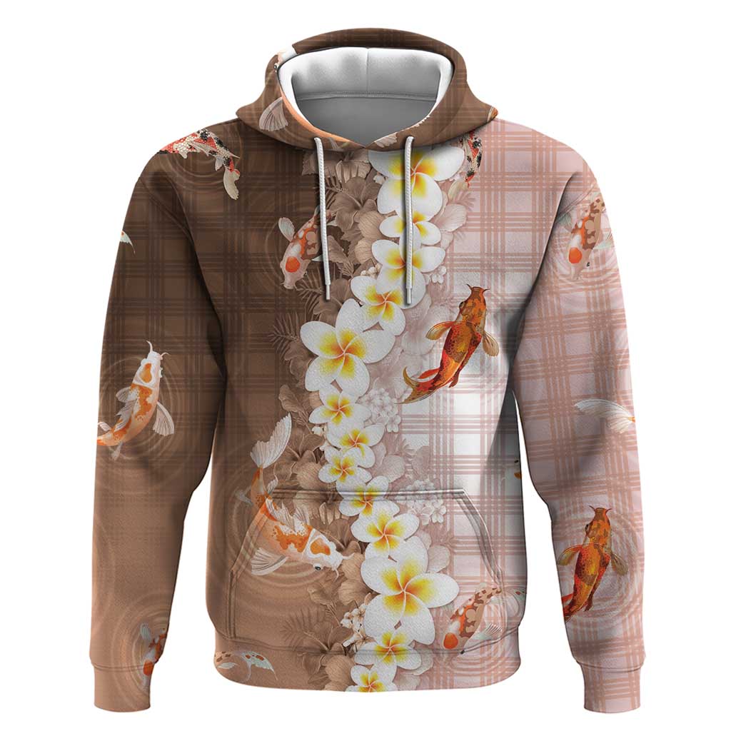 Hawaii And Japan Zip Hoodie Plumeria Lei With Koi Fish Beige LT05 Pullover Hoodie Beige - Polynesian Pride