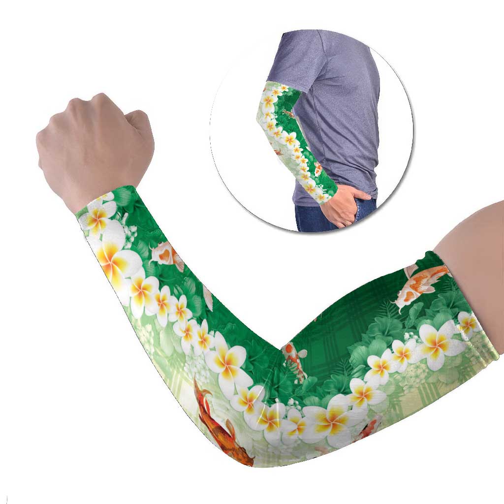 Hawaii And Japan Arm Sleeves Plumeria Lei With Koi Fish Green LT05 Set of 2 Green - Polynesian Pride