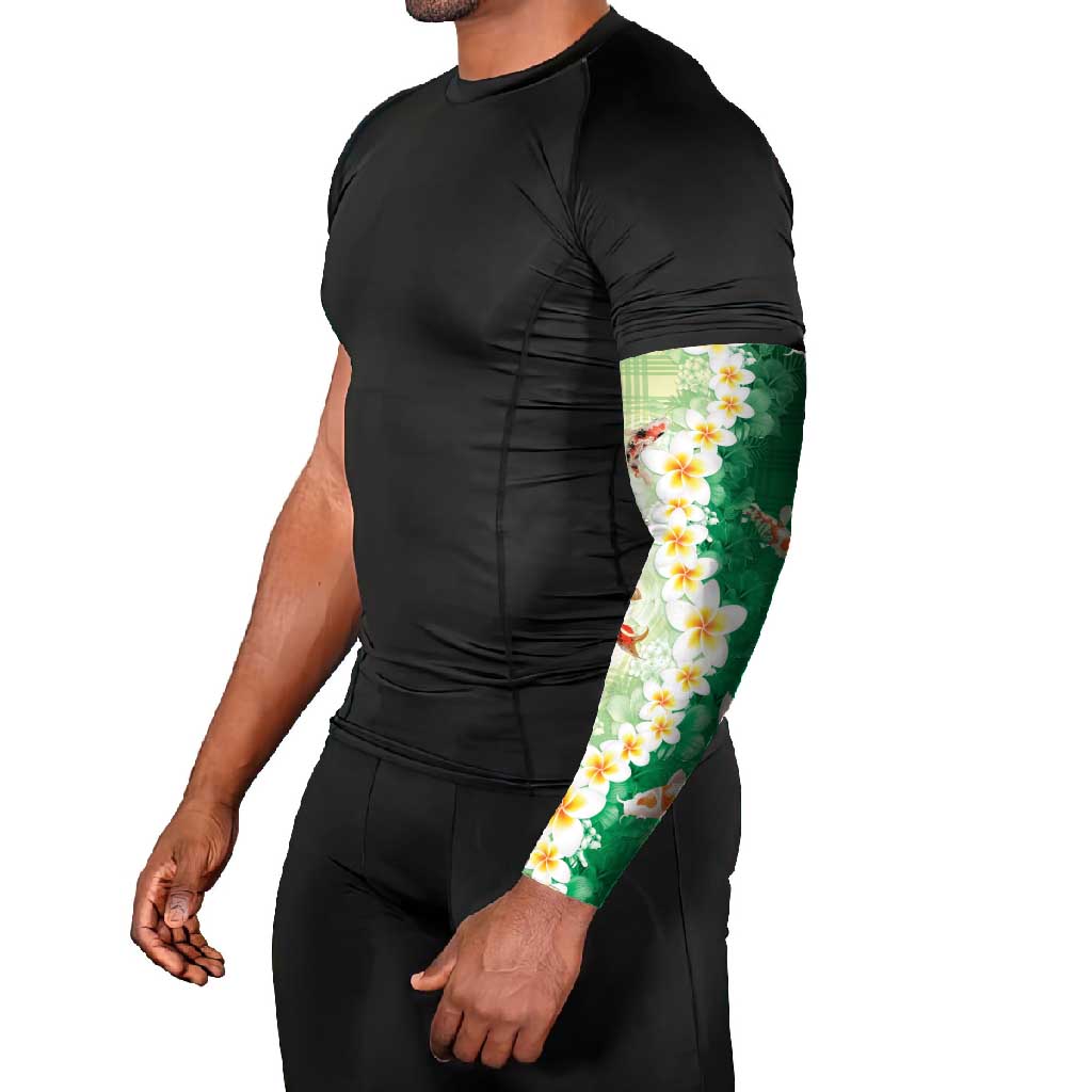 Hawaii And Japan Arm Sleeves Plumeria Lei With Koi Fish Green LT05 - Polynesian Pride