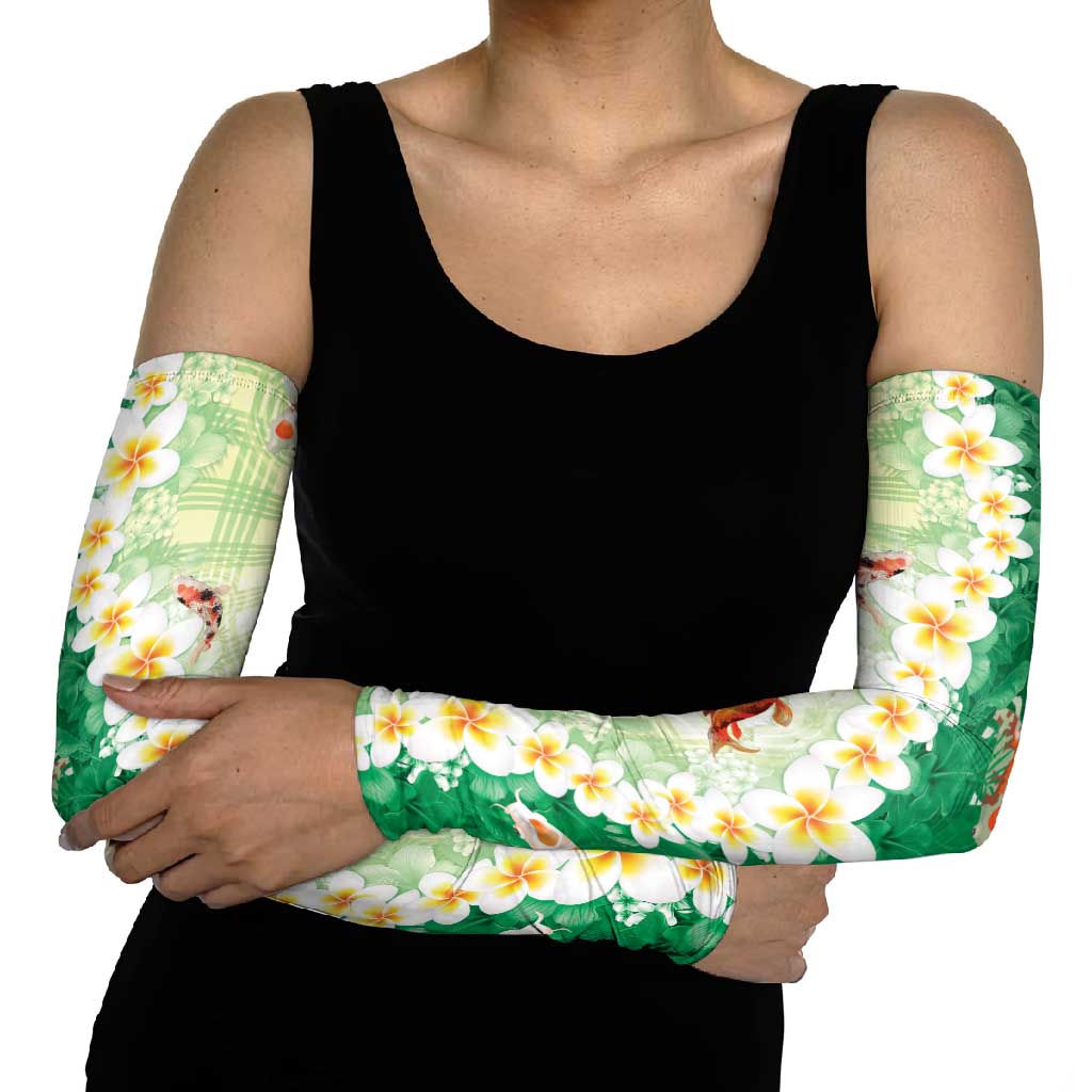 Hawaii And Japan Arm Sleeves Plumeria Lei With Koi Fish Green LT05 - Polynesian Pride