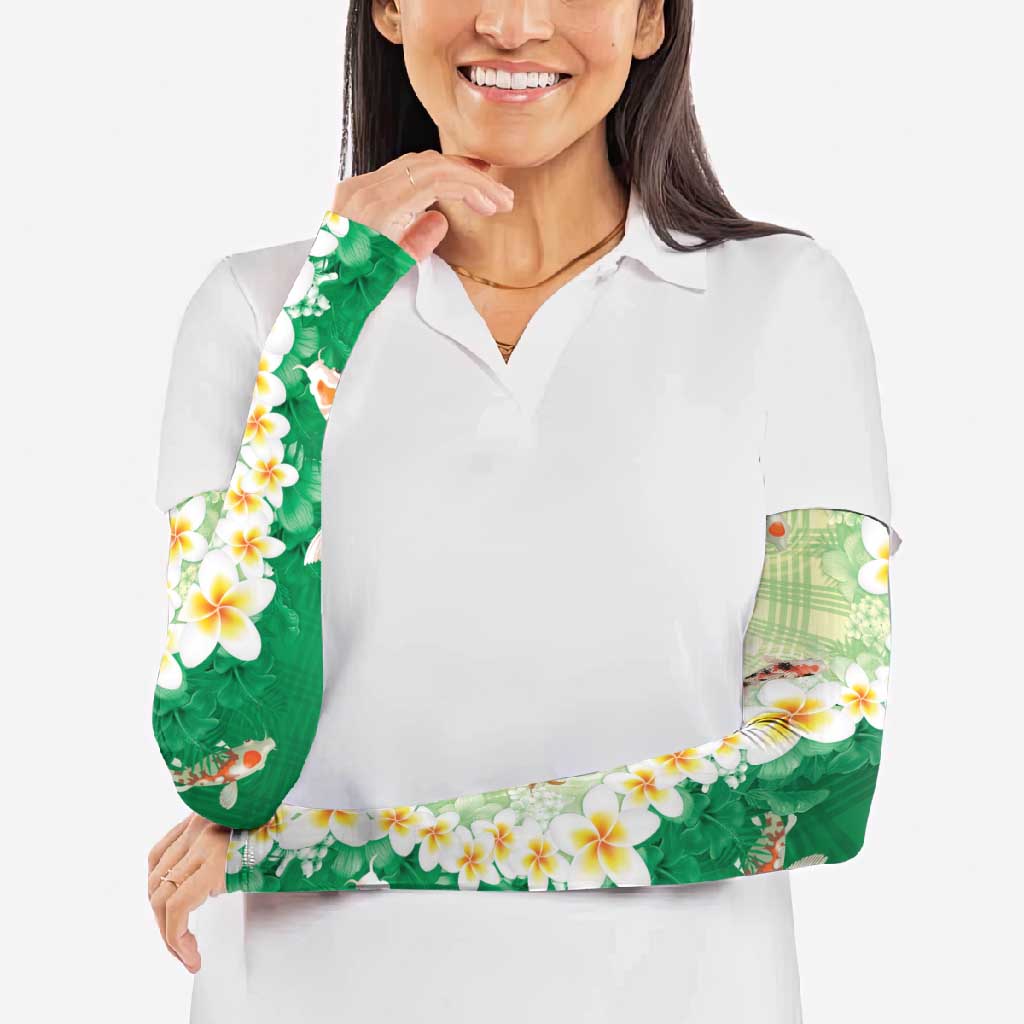Hawaii And Japan Arm Sleeves Plumeria Lei With Koi Fish Green LT05 - Polynesian Pride