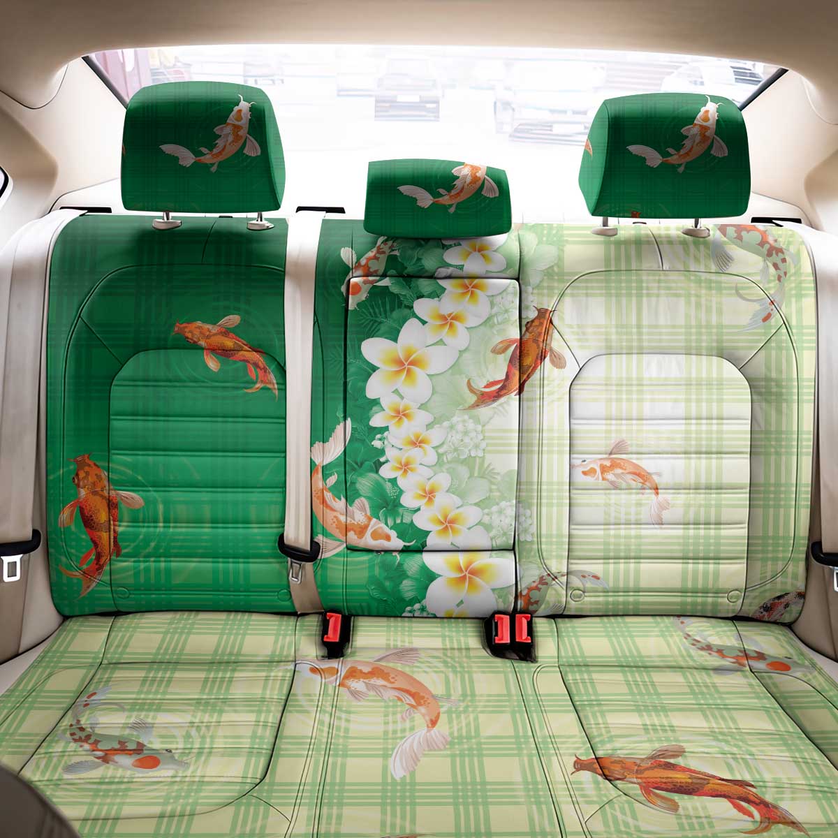 Hawaii And Japan Back Car Seat Cover Plumeria Lei With Koi Fish Green LT05 - Polynesian Pride