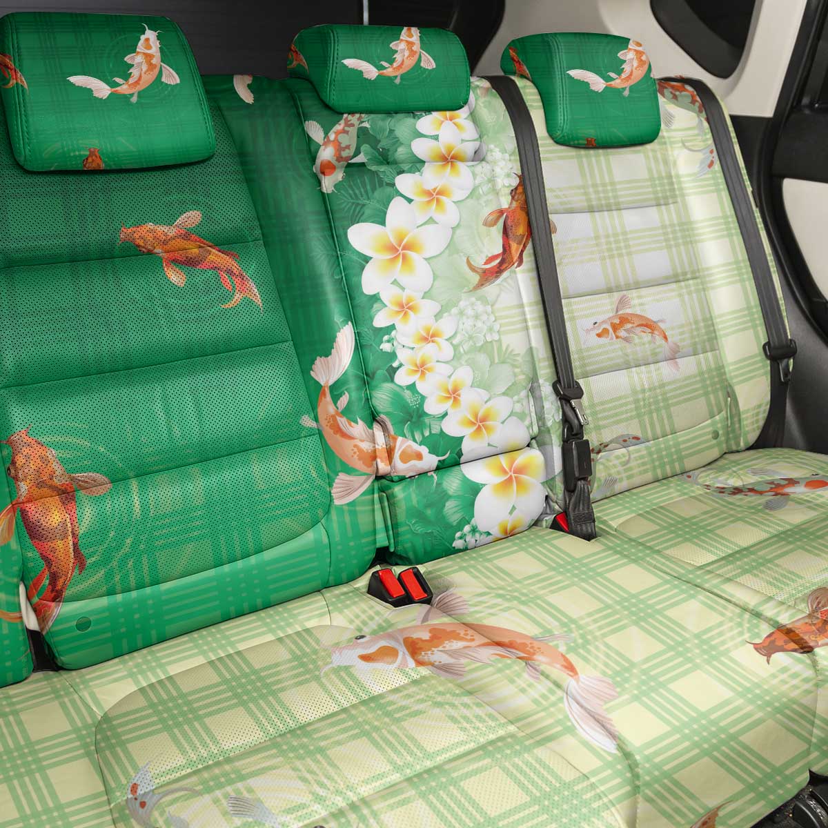 Hawaii And Japan Back Car Seat Cover Plumeria Lei With Koi Fish Green LT05 - Polynesian Pride