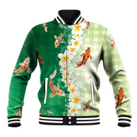 Hawaii And Japan Baseball Jacket Plumeria Lei With Koi Fish Green LT05 Unisex Green - Polynesian Pride