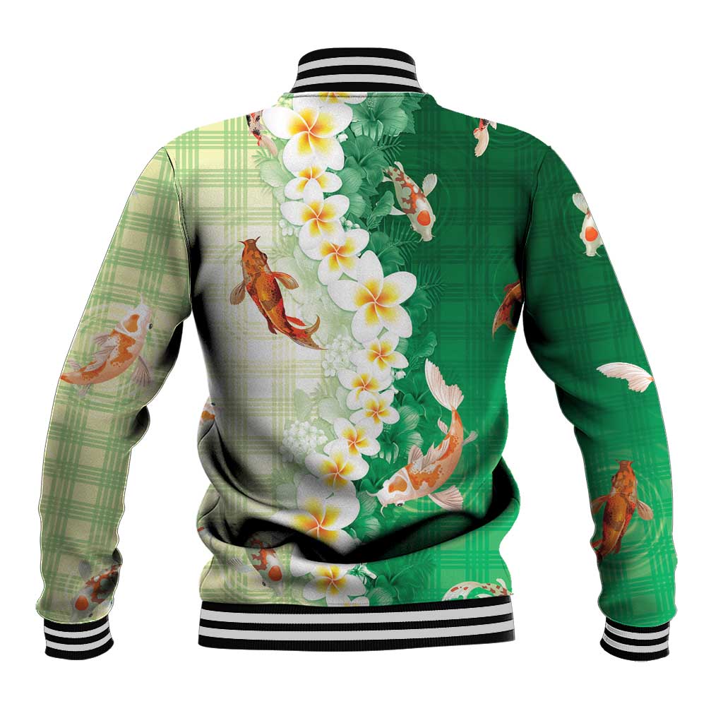 Hawaii And Japan Baseball Jacket Plumeria Lei With Koi Fish Green LT05 - Polynesian Pride
