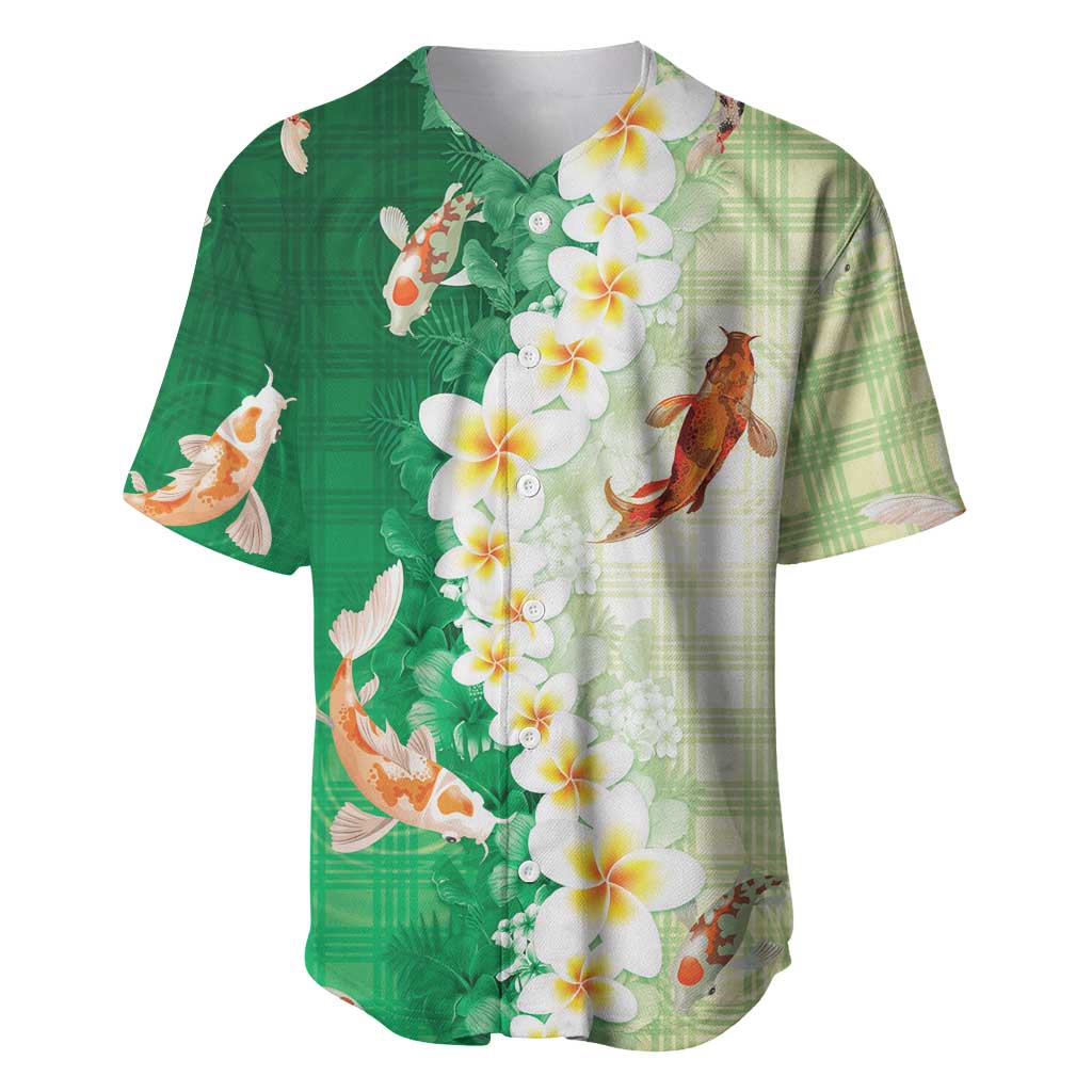 Hawaii And Japan Baseball Jersey Plumeria Lei With Koi Fish Green LT05 Green - Polynesian Pride