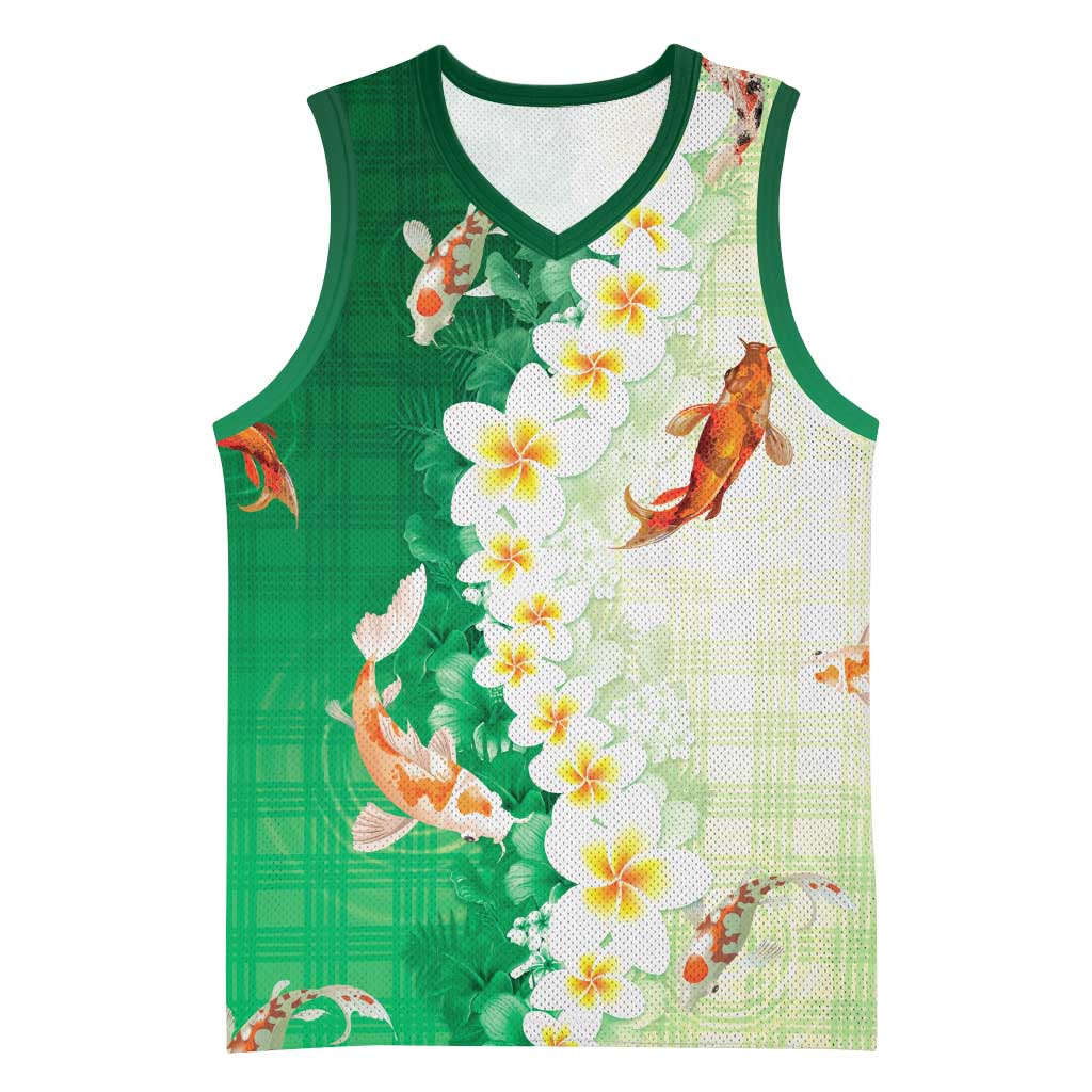 Hawaii And Japan Basketball Jersey Plumeria Lei With Koi Fish Green LT05 Unisex Green - Polynesian Pride