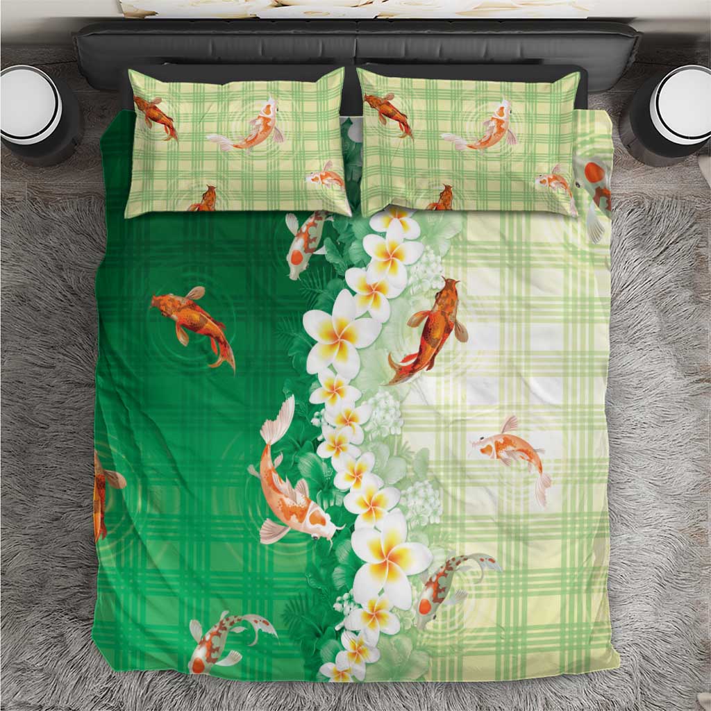 Hawaii And Japan Bedding Set Plumeria Lei With Koi Fish Green - Polynesian Pride