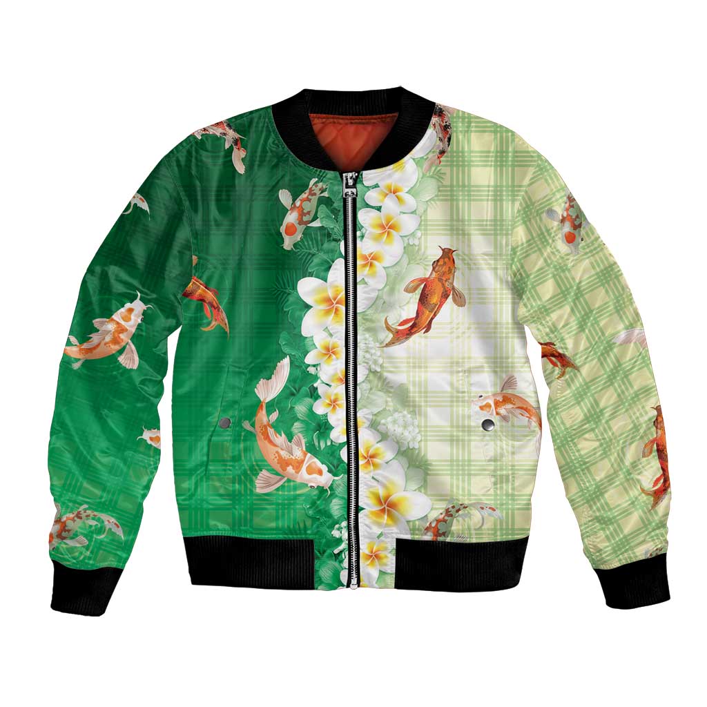 Hawaii And Japan Bomber Jacket Plumeria Lei With Koi Fish Green LT05 Unisex Green - Polynesian Pride