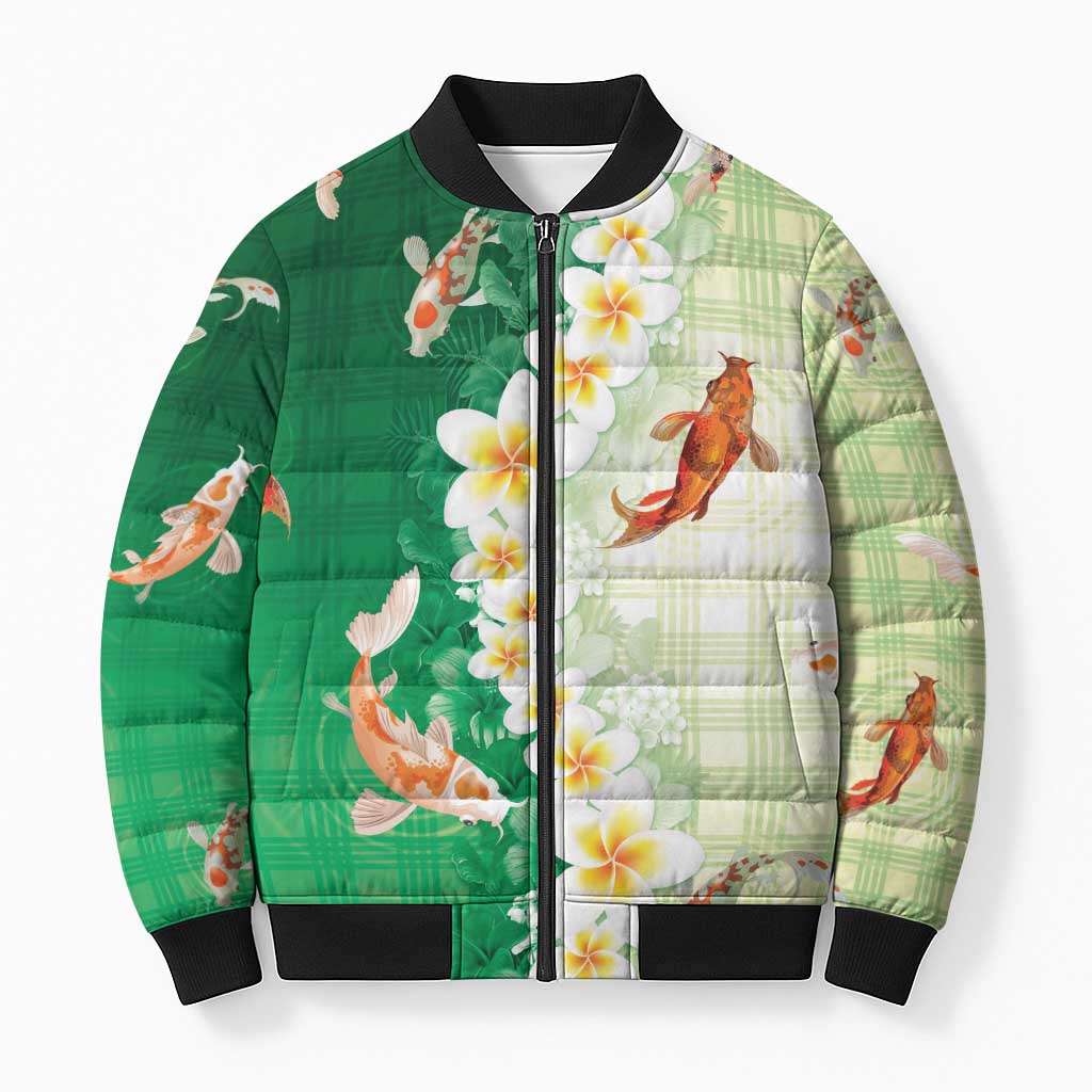 Hawaii And Japan Bomber Puffer Jacket Plumeria Lei With Koi Fish Green LT05 Unisex Green - Polynesian Pride