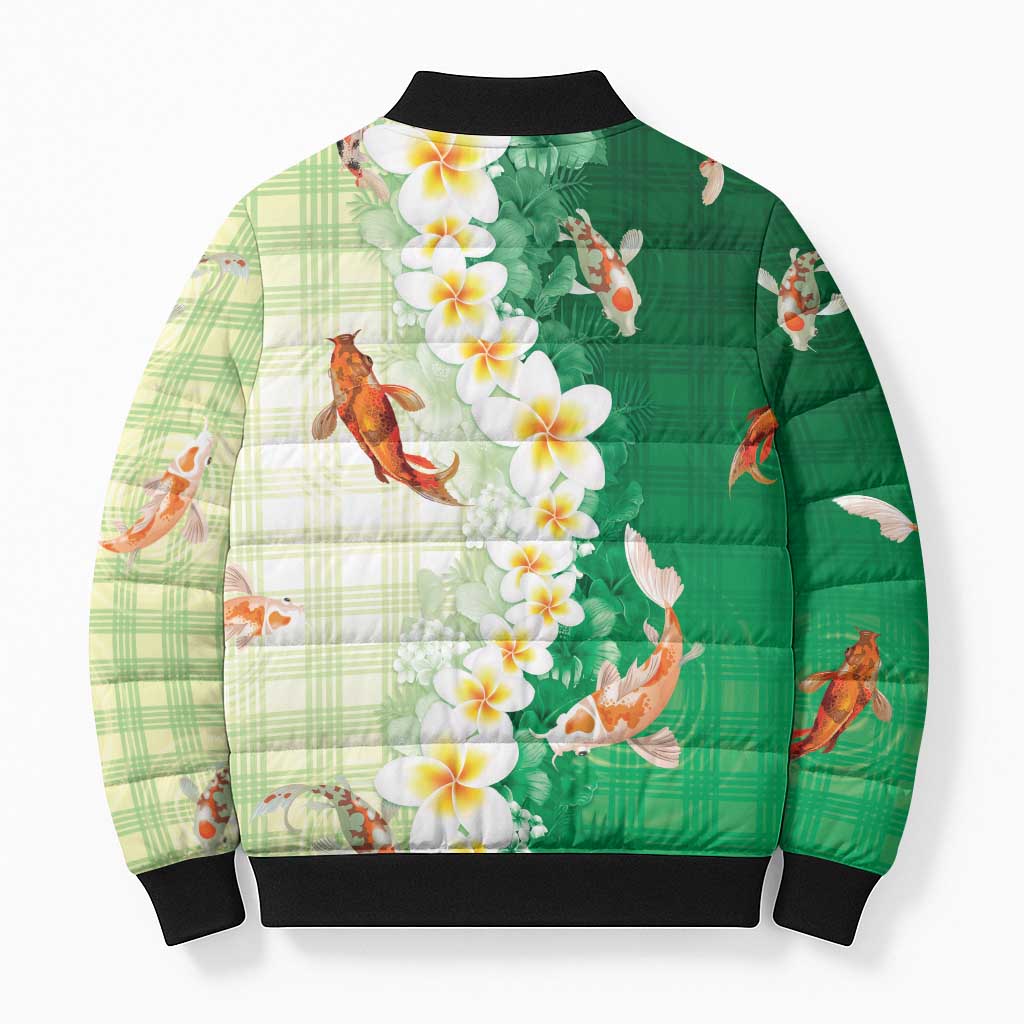 Hawaii And Japan Bomber Puffer Jacket Plumeria Lei With Koi Fish Green LT05 - Polynesian Pride