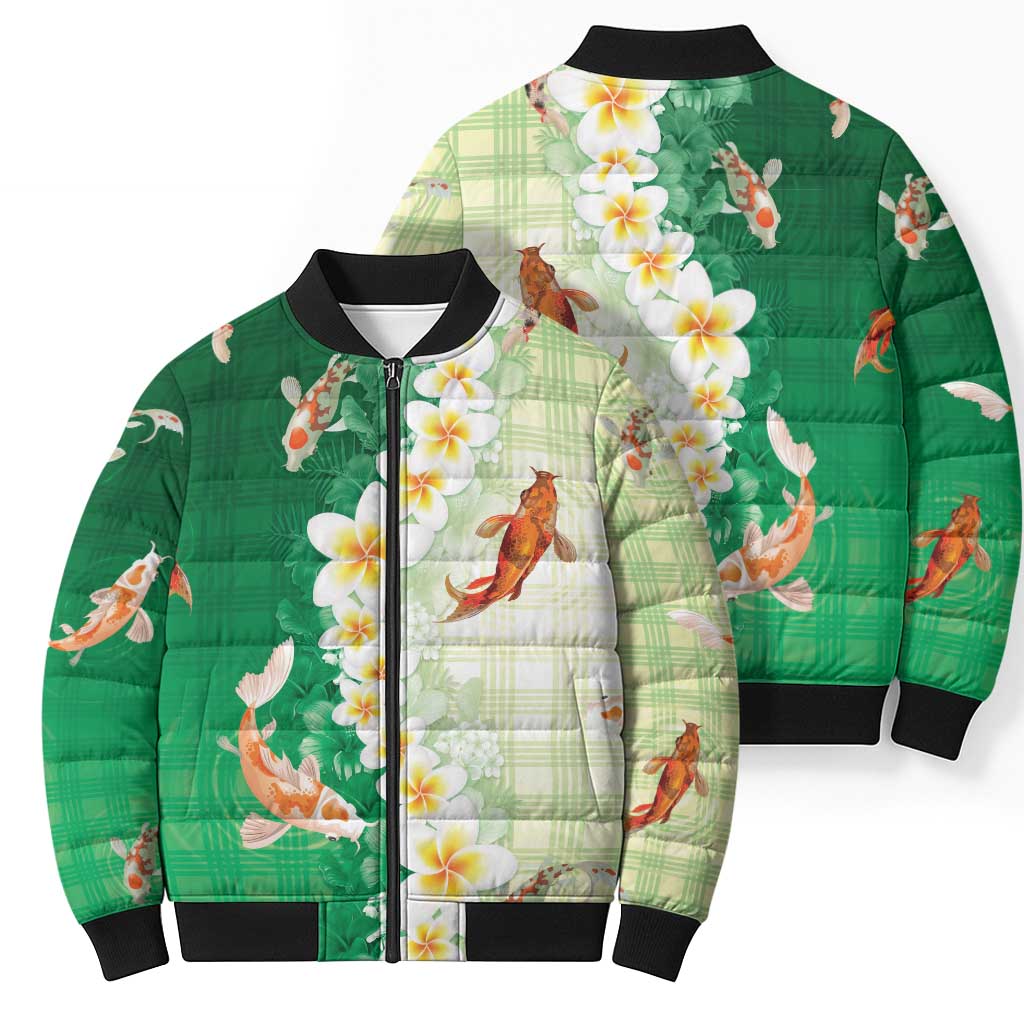 Hawaii And Japan Bomber Puffer Jacket Plumeria Lei With Koi Fish Green LT05 - Polynesian Pride