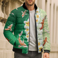 Hawaii And Japan Bomber Puffer Jacket Plumeria Lei With Koi Fish Green LT05 - Polynesian Pride