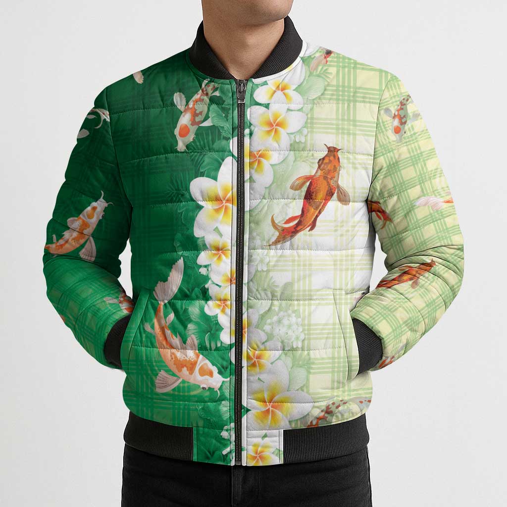 Hawaii And Japan Bomber Puffer Jacket Plumeria Lei With Koi Fish Green LT05 - Polynesian Pride
