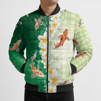 Hawaii And Japan Bomber Puffer Jacket Plumeria Lei With Koi Fish Green LT05 - Polynesian Pride