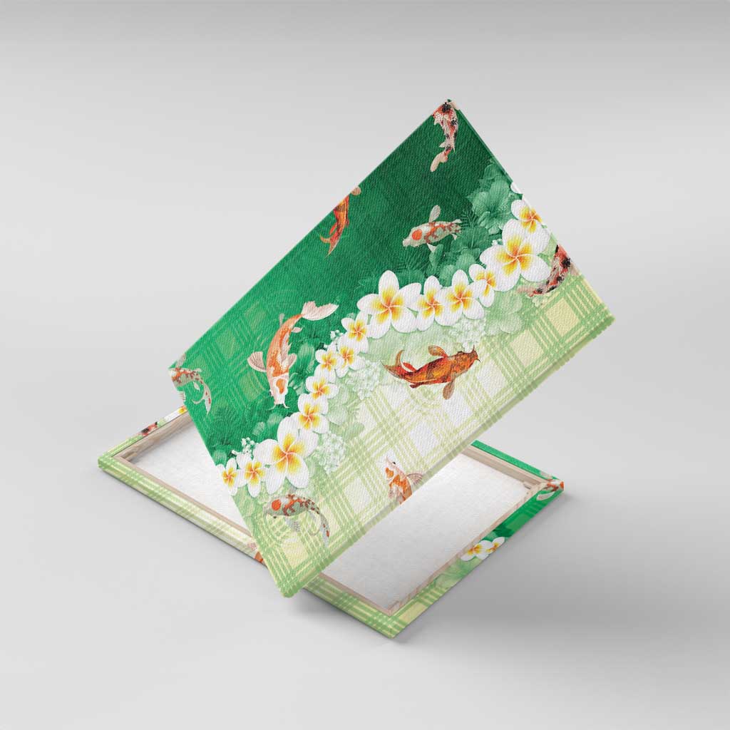 Hawaii And Japan Canvas Wall Art Plumeria Lei With Koi Fish Green LT05 With Frame Green - Polynesian Pride