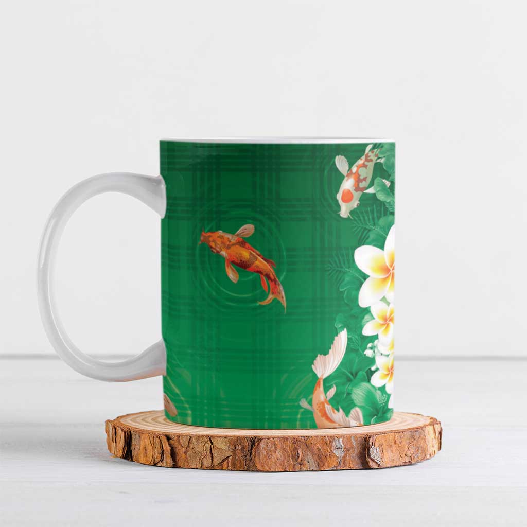 Hawaii And Japan Ceramic Mug Plumeria Lei With Koi Fish Green LT05 Green - Polynesian Pride