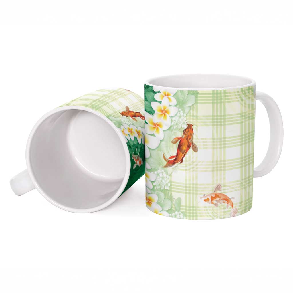Hawaii And Japan Ceramic Mug Plumeria Lei With Koi Fish Green LT05 - Polynesian Pride