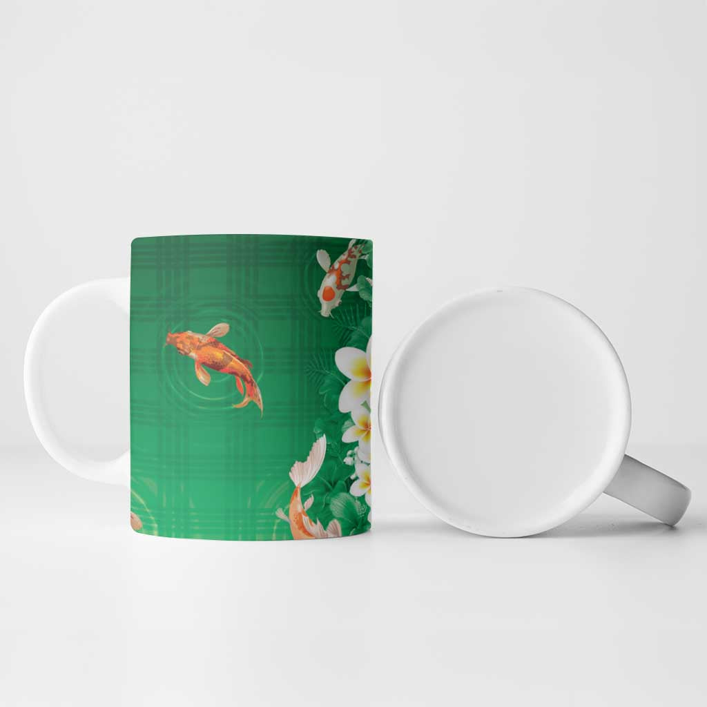 Hawaii And Japan Ceramic Mug Plumeria Lei With Koi Fish Green LT05 - Polynesian Pride