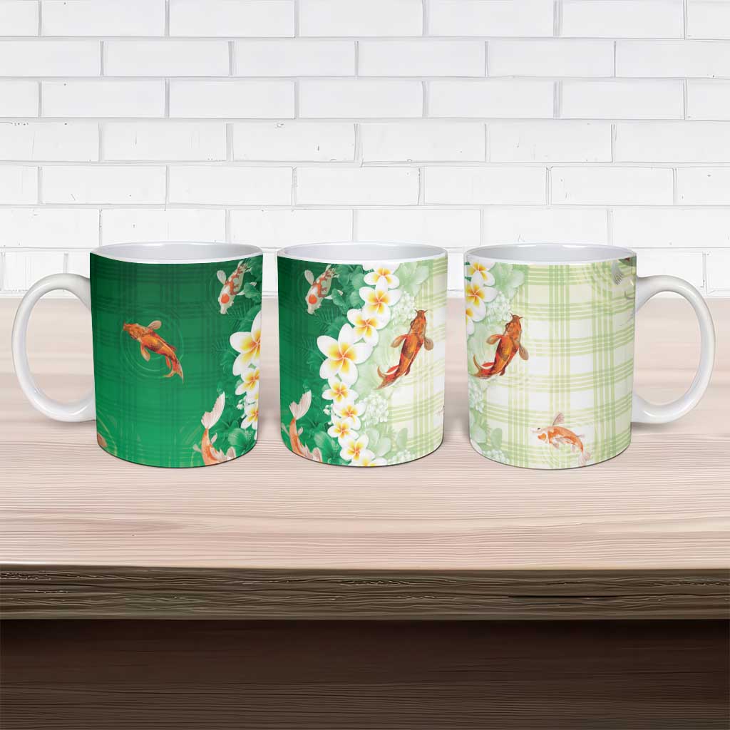 Hawaii And Japan Ceramic Mug Plumeria Lei With Koi Fish Green LT05 - Polynesian Pride