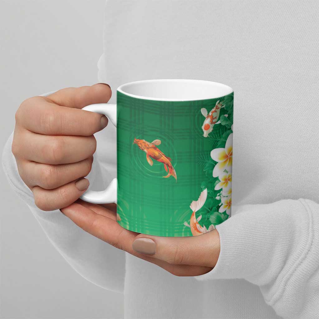 Hawaii And Japan Ceramic Mug Plumeria Lei With Koi Fish Green LT05 - Polynesian Pride