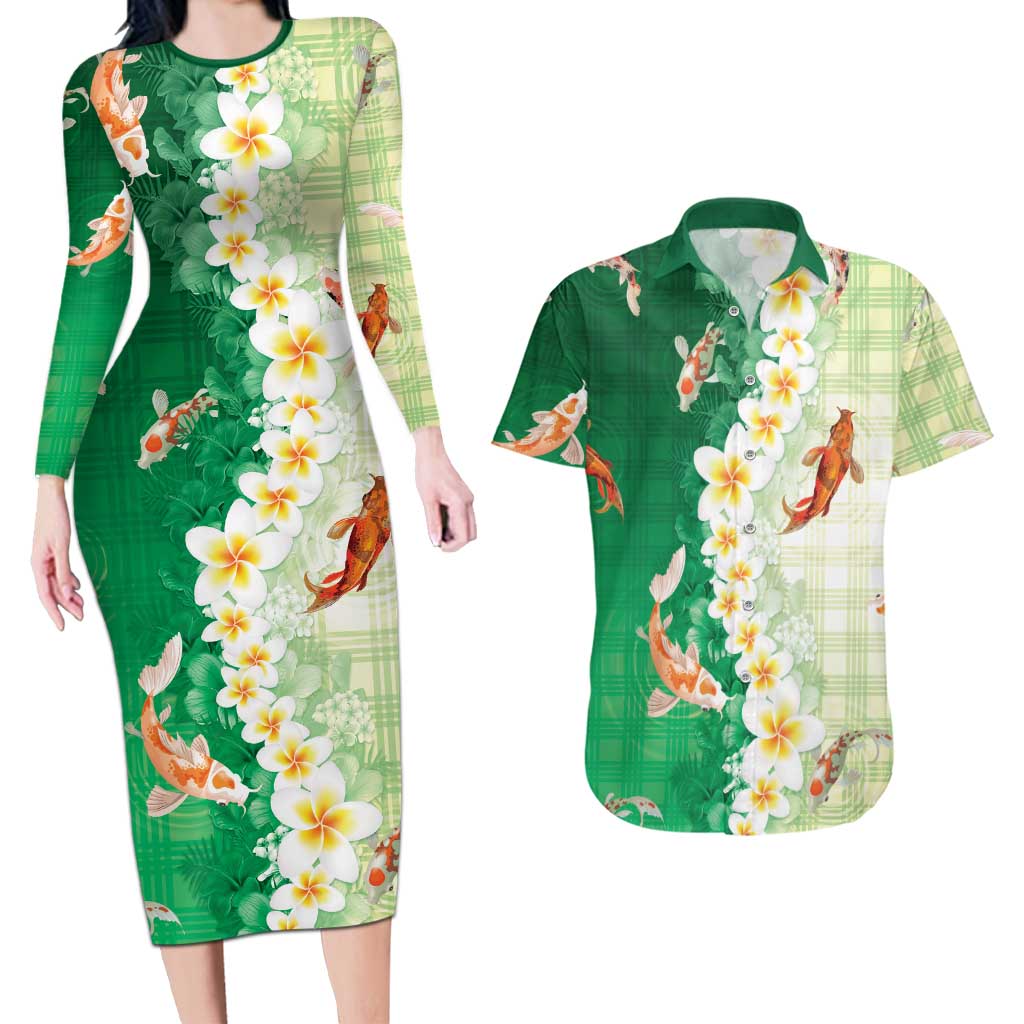 Hawaii And Japan Couples Matching Long Sleeve Bodycon Dress and Hawaiian Shirt Plumeria Lei With Koi Fish Green - Polynesian Pride