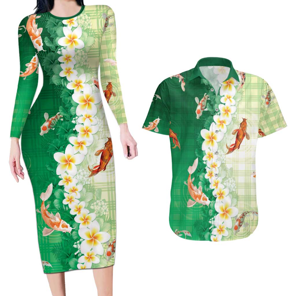 Hawaii And Japan Couples Matching Long Sleeve Bodycon Dress and Hawaiian Shirt Plumeria Lei With Koi Fish Green - Polynesian Pride
