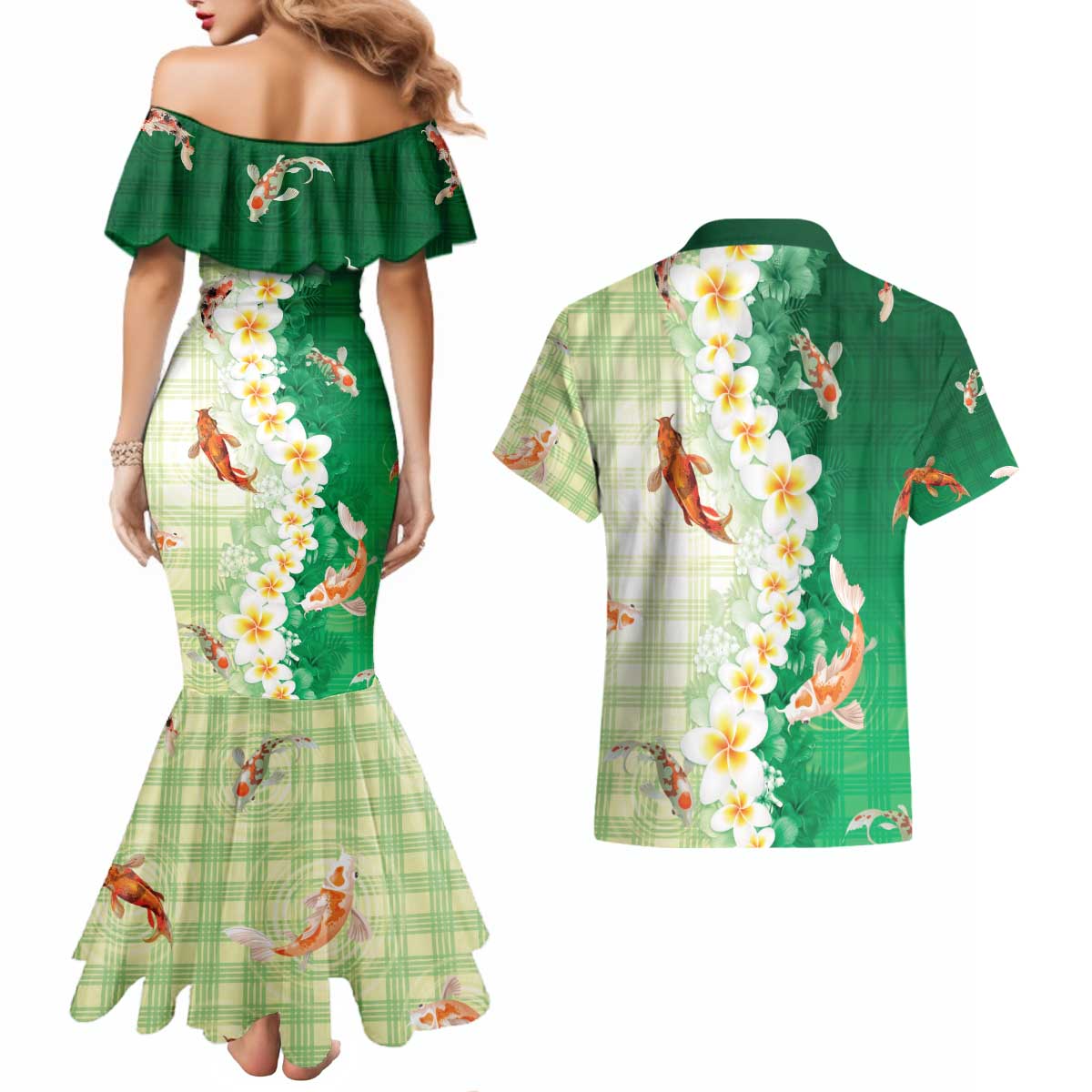 Hawaii And Japan Couples Matching Mermaid Dress and Hawaiian Shirt Plumeria Lei With Koi Fish Green - Polynesian Pride