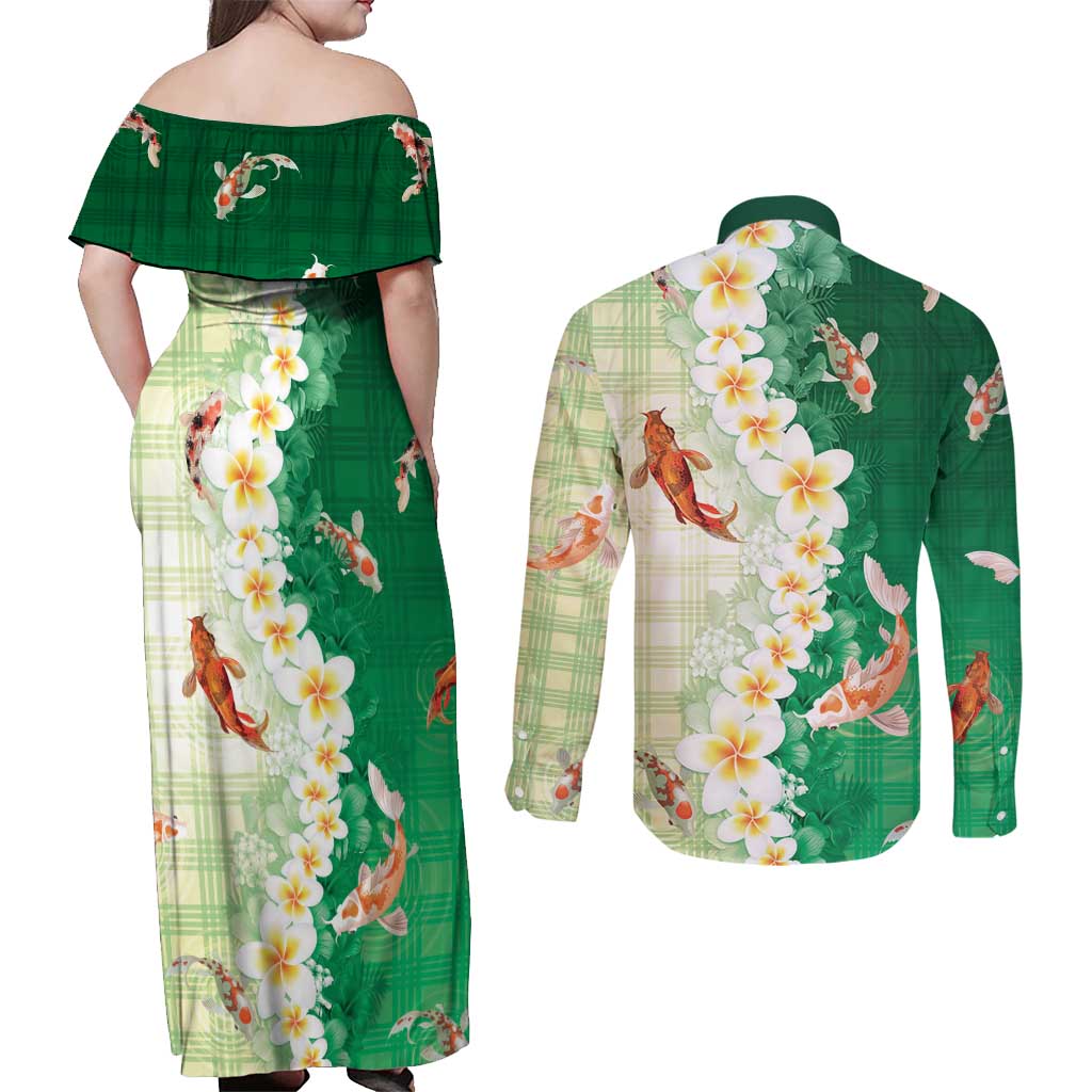 Hawaii And Japan Couples Matching Off Shoulder Maxi Dress and Long Sleeve Button Shirt Plumeria Lei With Koi Fish Green - Polynesian Pride