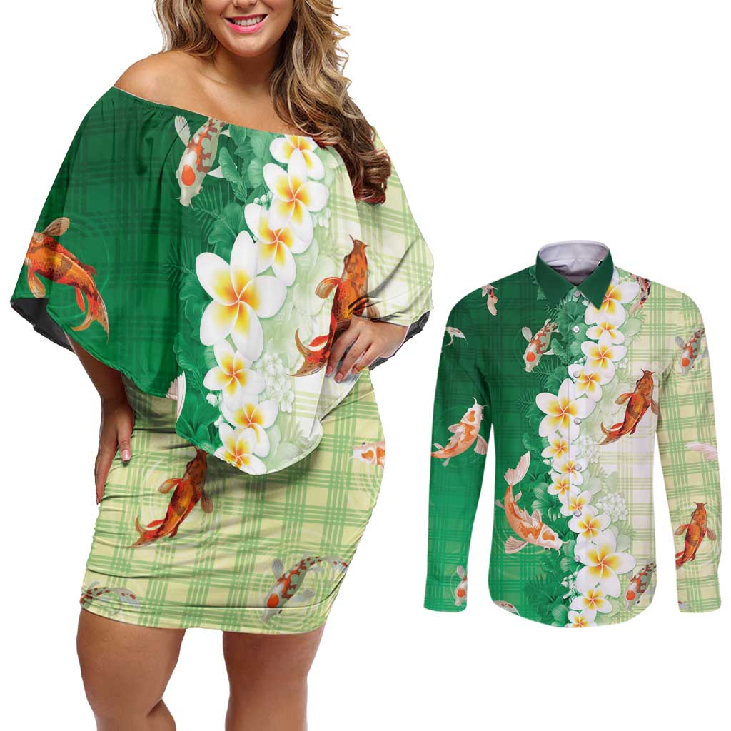 Hawaii And Japan Couples Matching Off Shoulder Short Dress and Long Sleeve Button Shirt Plumeria Lei With Koi Fish Green - Polynesian Pride