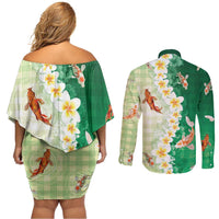 Hawaii And Japan Couples Matching Off Shoulder Short Dress and Long Sleeve Button Shirt Plumeria Lei With Koi Fish Green - Polynesian Pride