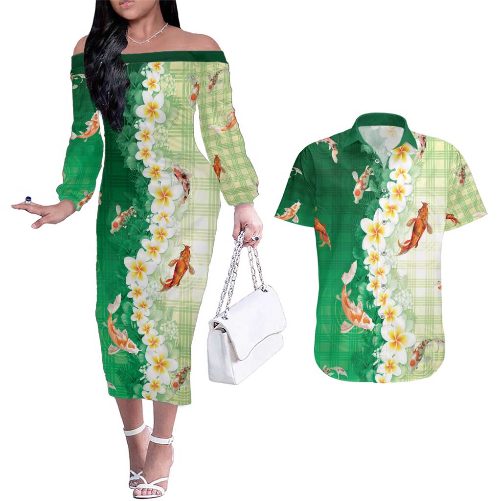 Hawaii And Japan Couples Matching Off The Shoulder Long Sleeve Dress and Hawaiian Shirt Plumeria Lei With Koi Fish Green - Polynesian Pride