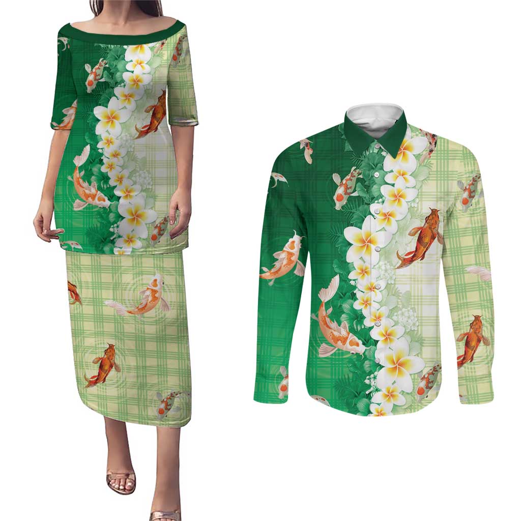 Hawaii And Japan Couples Matching Puletasi and Long Sleeve Button Shirt Plumeria Lei With Koi Fish Green LT05 Green - Polynesian Pride