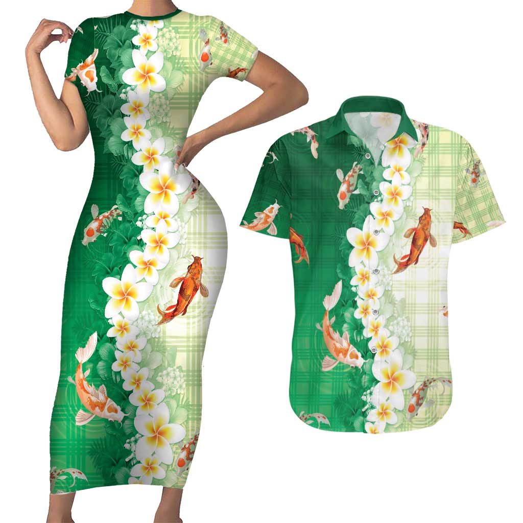 Hawaii And Japan Couples Matching Short Sleeve Bodycon Dress and Hawaiian Shirt Plumeria Lei With Koi Fish Green - Polynesian Pride