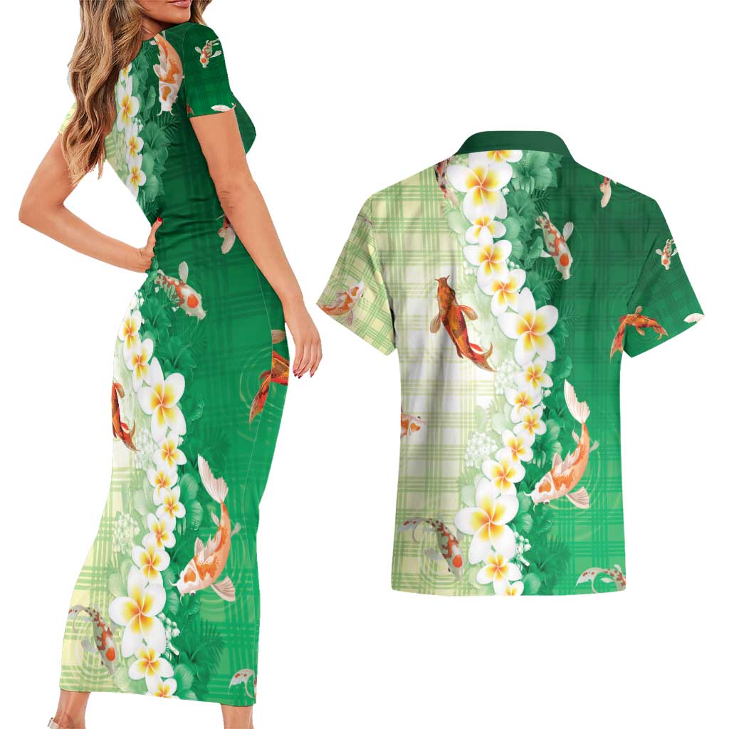 Hawaii And Japan Couples Matching Short Sleeve Bodycon Dress and Hawaiian Shirt Plumeria Lei With Koi Fish Green - Polynesian Pride
