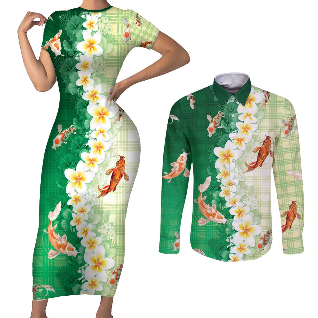 Hawaii And Japan Couples Matching Short Sleeve Bodycon Dress and Long Sleeve Button Shirt Plumeria Lei With Koi Fish Green - Polynesian Pride