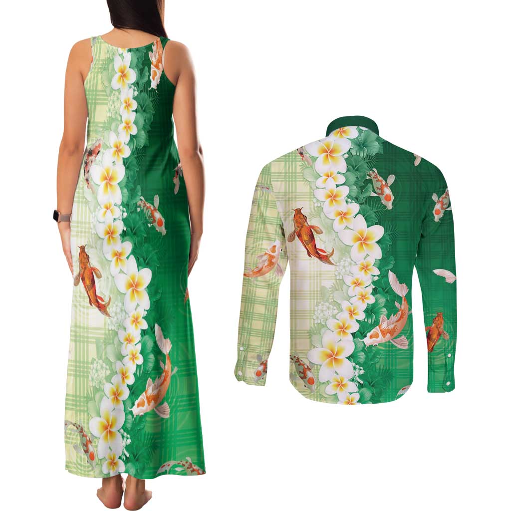 Hawaii And Japan Couples Matching Tank Maxi Dress and Long Sleeve Button Shirt Plumeria Lei With Koi Fish Green - Polynesian Pride